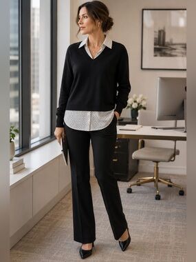 Belldini Two-Fer V-Neck Sweater L NWT Black White Polka Dot